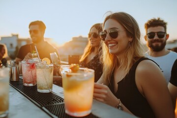 Friends enjoying rooftop drinks at sunset with smiles and sunglasses