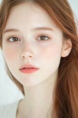 Obraz premium Natural Beauty Portrait of a Woman with Freckles and Soft Expression