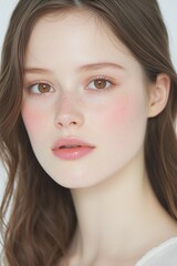 Naklejka premium Natural Beauty Portrait of a Woman with Freckles and Soft Expression