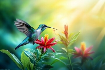 Fototapeta premium Vibrant hummingbird hovering over blossoming tropical flowers in sunlit garden