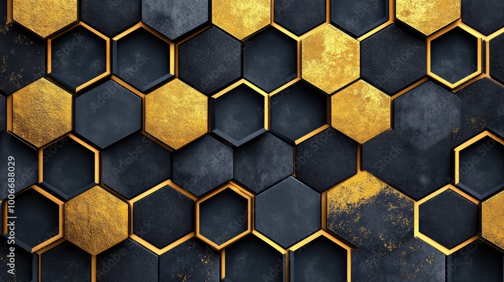 Aufkleber a repeating pattern of hexagons in alternating shades of black and gold, creating a modern, luxuriou
