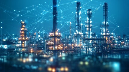 Bright lights and network connections span across an industrial landscape, symbolizing modern industry and progress.