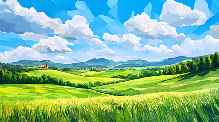 Obraz premium Low poly artwork of rolling green meadow under a bright blue sky with fluffy clouds in summer, creating a serene and vibrant landscape. Rolling Meadows. Illustration