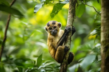 Obraz premium Curious young monkey clinging to a tree in lush green jungle