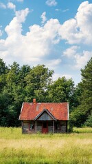 Obraz premium Serene view of a rustic house surrounded by lush greenery and a blue sky with fluffy clouds, ideal for nature-themed projects.