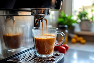 Morning brew: fresh espresso pouring into glass cup in sunlit kitchen