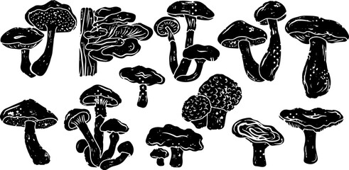Large set of different mushrooms. Linocut style element texture surface vector  © Naya Chu
