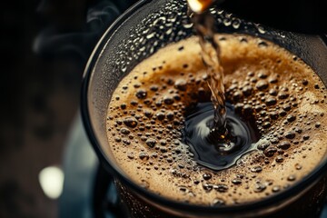 Fototapeta premium Close-up of freshly brewed coffee pouring into a glass mug