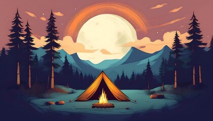 A serene camping experience under a full moon with a tent and silhouettes of trees in the background. Generative AI