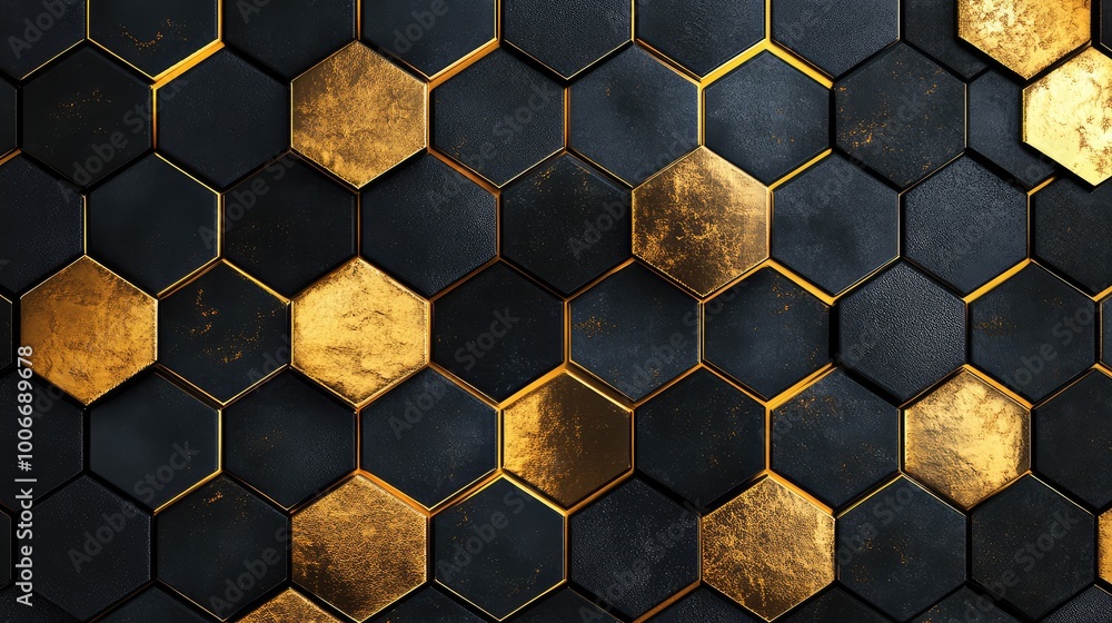 Poster a repeating pattern of hexagons in alternating shades of black and gold, creating a modern, luxuriou