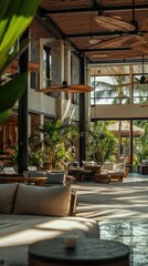 Fototapeta premium Spacious modern interior with plenty of natural light, lush plants, and comfortable seating, creating a welcoming atmosphere.