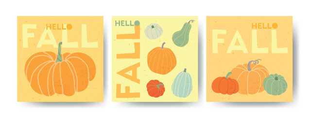 Hello fall card set. Autumn modern posters with cute pumpkins. Trendy card for autumn design. Banner with pumpkin for labels, background, harvest advertising