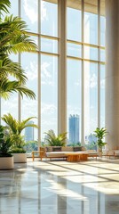 Fototapeta premium Spacious modern lobby with large windows, natural light, and greenery creating a fresh and inviting atmosphere.