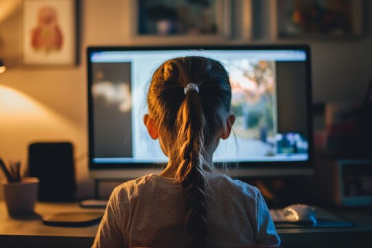 Young girl watching computer screen in dimly lit room with pigtail hairstyle