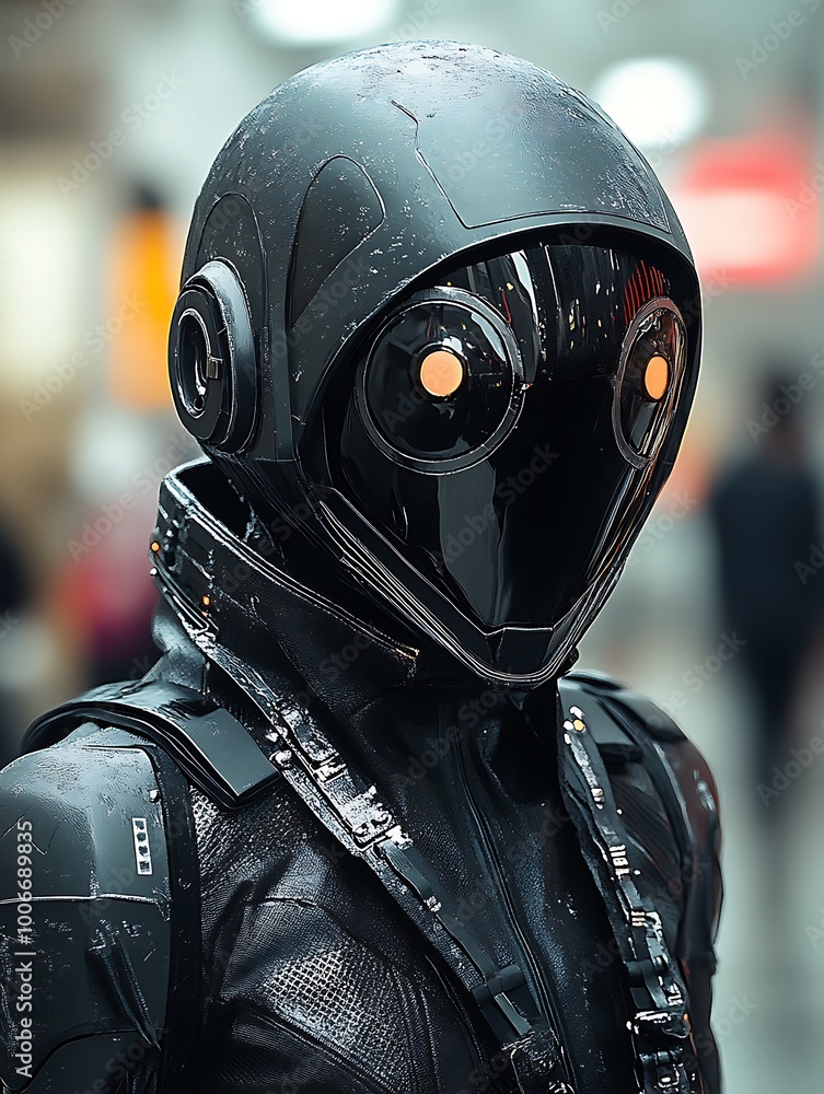 Poster Futuristic Cyborg with Glowing Eyes in Black Suit and Helmet