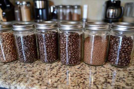 Assorted coffee beans in mason jars on granite countertop - Powered by Adobe