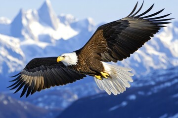 Obraz premium Majestic bald eagle soaring over snowy mountain peaks against a clear blue sky