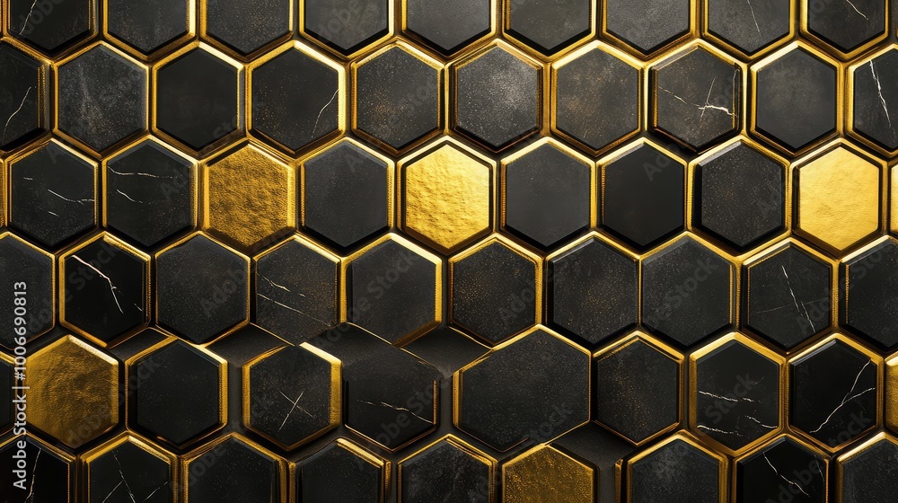 Poster a repeating pattern of hexagons in alternating black and gold, forming a modern, luxurious tile desi
