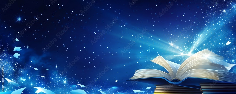 Poster there is an open book with a magical fantasy. night view illustration with a book. the magical power