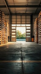 Spacious warehouse interior with stacked pallets, sunlight streaming through open doors, creating a productive work atmosphere.