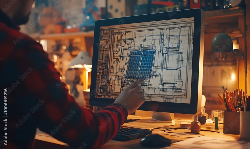 Poster engineer adjusting 3d solar panel design on screen