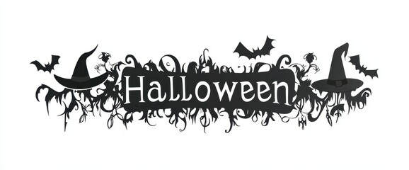 graphic design of the word "Halloween" in black, with a Gothic font and decorative elements such as witches' hats or bats around it Generative AI