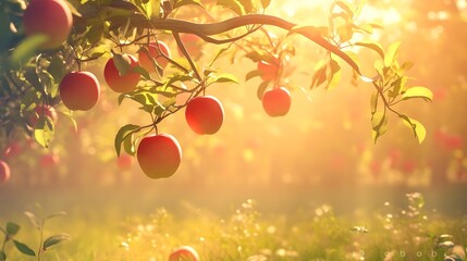 Lush Organic Apple Orchard with Ripe Red Apples and Warm Sunlight Filtering Through Foliage