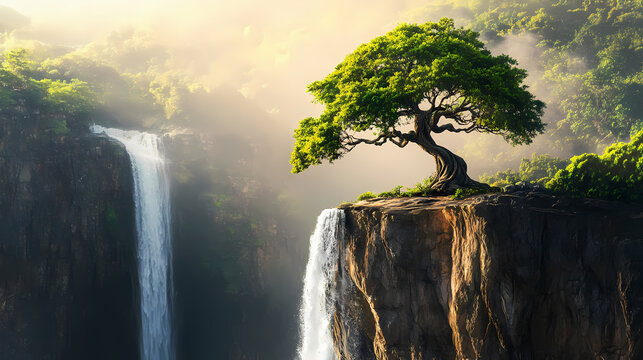 Majestic tree perched on cliffside with cascading waterfall in the backdrop. Cliffside Waterfall. Illustration