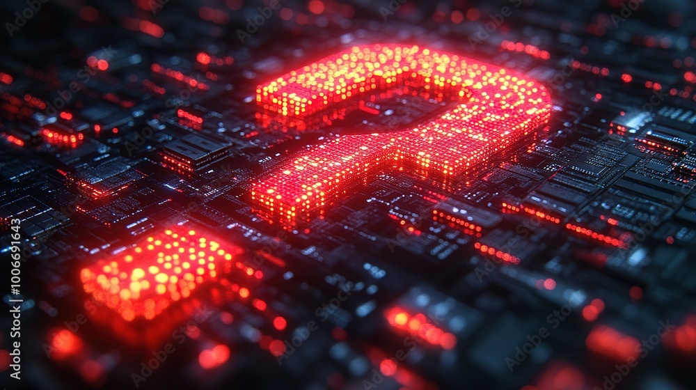 Poster red luminous question mark on a circuit board