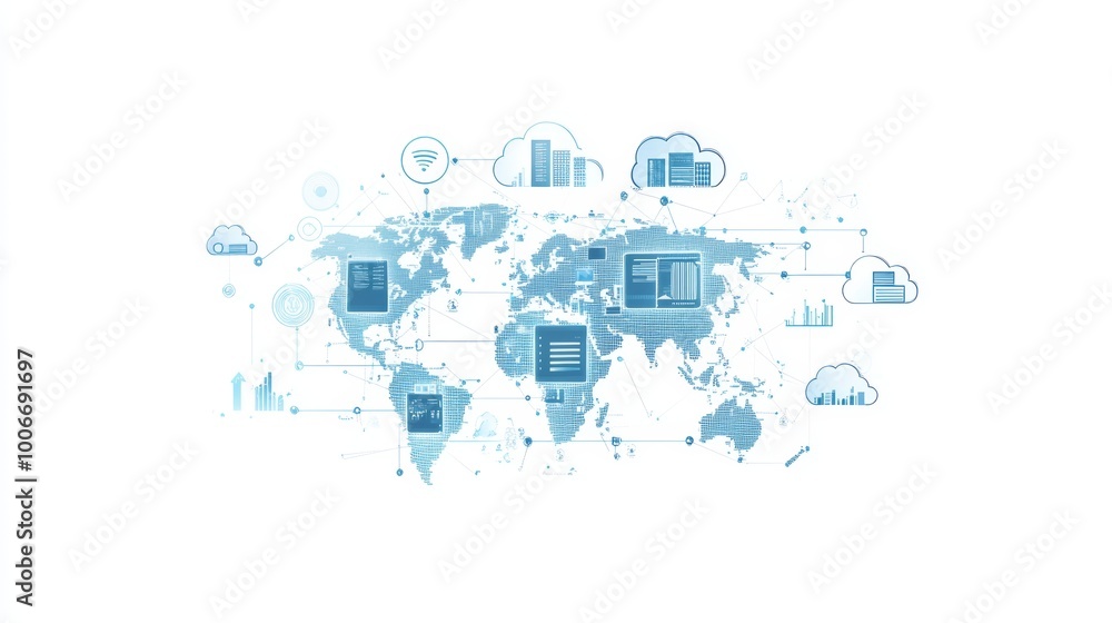 Poster a digital map adorned with cloud icons signifies the seamless global connectivity and data exchange 