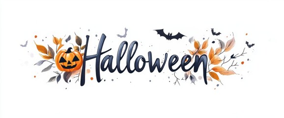 The word "Halloween" in an elegant script font, with spooky elements like bats and pumpkins intertwined around the letters Generative AI