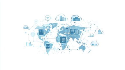 A digital map adorned with cloud icons signifies the seamless global connectivity and data exchange in today's advanced technological age.