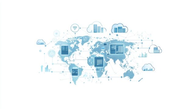 A digital map adorned with cloud icons signifies the seamless global connectivity and data exchange in today's advanced technological age.