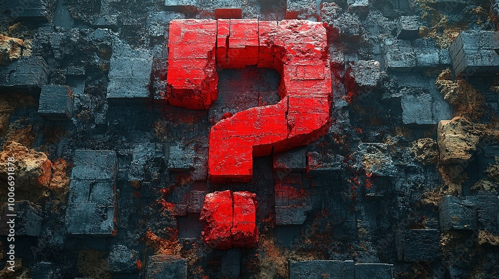Poster a red question mark made of bricks embedded in a cracked and textured surface
