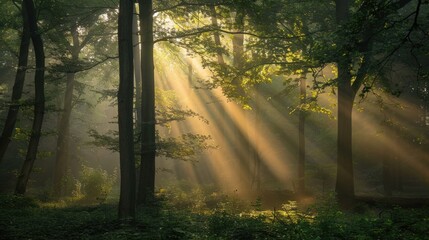 Obraz premium Sunbeams Through the Forest