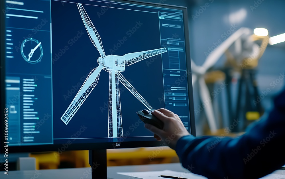 Aufkleber Engineer Rotating 3D Wind Turbine Model on Computer