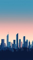 Fototapeta premium Stylish city skyline silhouette at sunset, showcasing modern buildings against a gradient sky in serene hues.