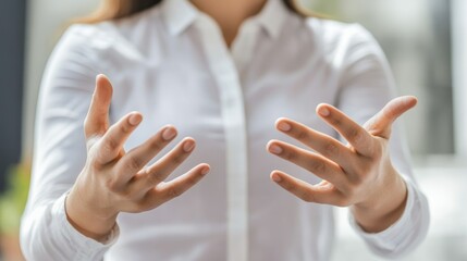 A person using hand gestures while speaking to an audience The image conveys communication, expression, and engagement in a presentation setting