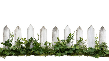 White picket fence with green plants and transparent background