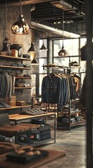 Stylish clothing store interior with display racks, warm lighting, and a modern industrial design aesthetic.