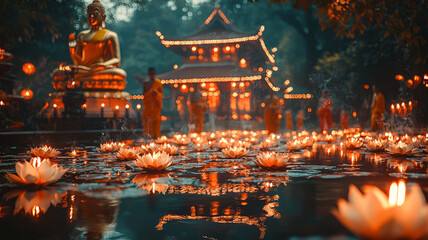 Fototapeta premium A peaceful scene at a Thai temple on Visakha Bucha Day, with monks walking in procession and devotees offering lotus flowers and incense.
