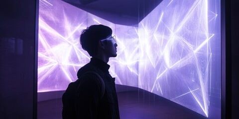 a man standing in front of a wall with a light