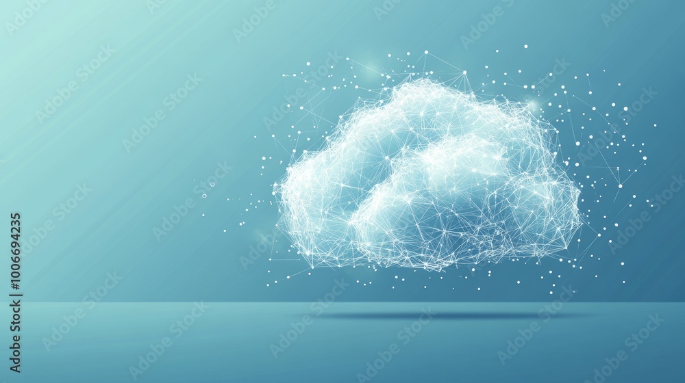 Poster a digital cloud floats on a blue field, depicting the intricate network and connections of cloud com