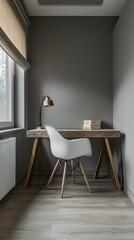 Stylish modern workspace featuring a wooden desk, white chair, and cozy lamp in a serene corner with neutral tones.