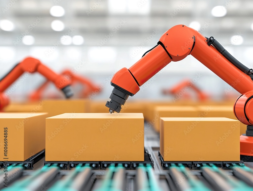 Poster a robotic arm handling boxes in a modern warehouse setting with a blurred background.