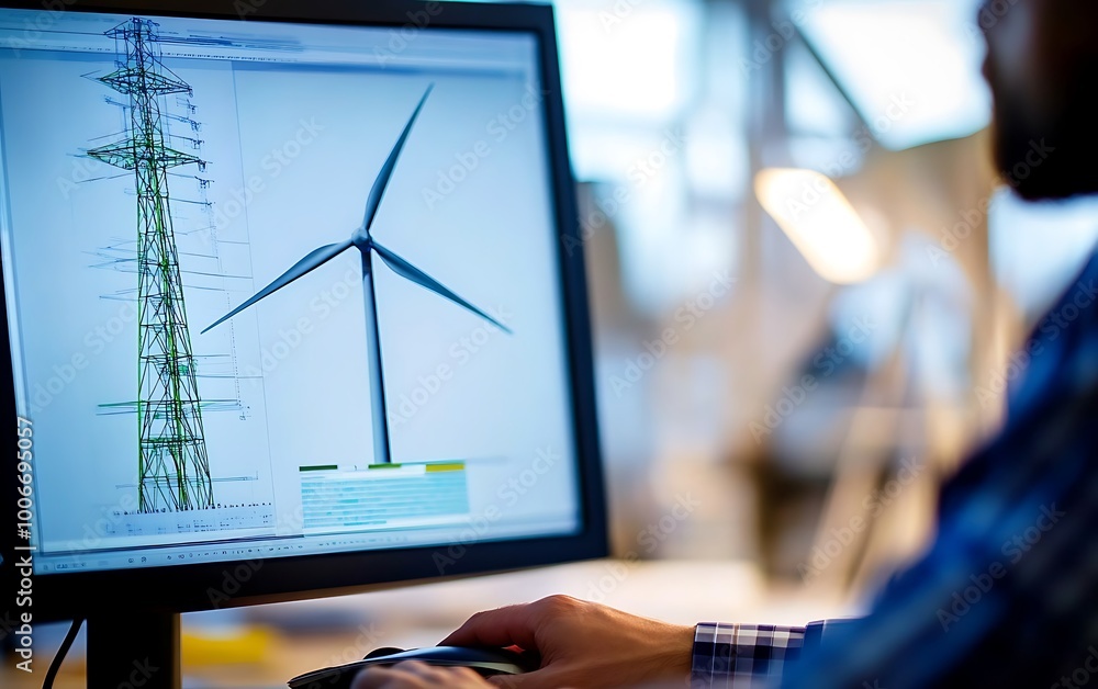 Poster Engineer Rotating 3D Wind Turbine Model on Computer