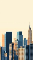 Fototapeta premium Stylized skyline illustration featuring modern skyscrapers and iconic architecture under a warm sunset sky.