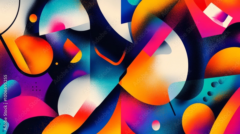 Poster an array of dynamic, colorful shapes arranged in an abstract, energetic style, highlighting modern a