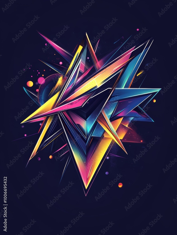 Poster a dynamic abstract art piece with sharp geometric shapes in vivid neon colors against a deep dark ba