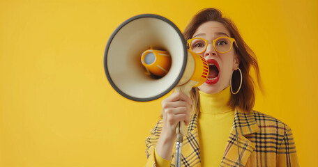 Stylish brunette woman shouting with a megaphone.